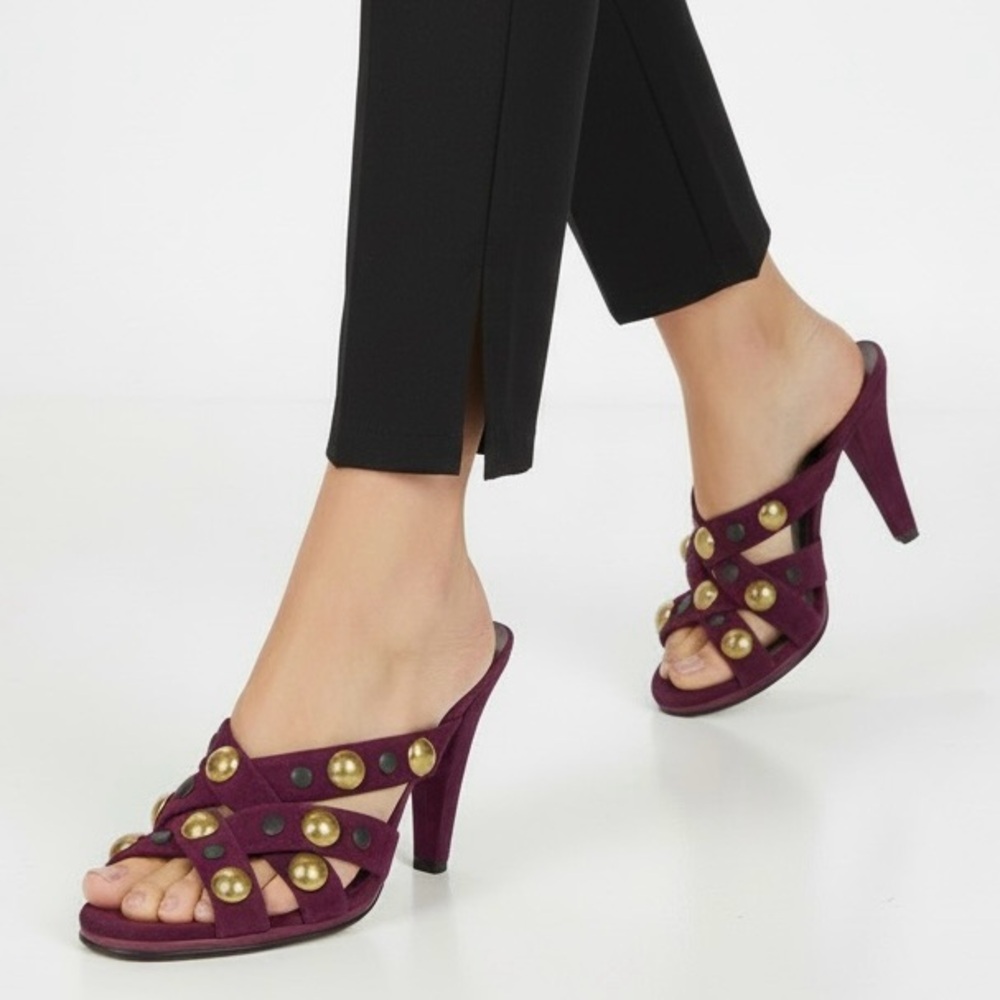 Gucci Babouska Purple Suede Black Gold Studded Mule Heels Y2K Italy Size 38.5